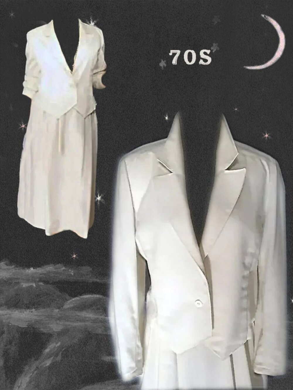 White Skirt Suit Vintage 70s with Short Waiter Jacket + Midi Versatile Separates